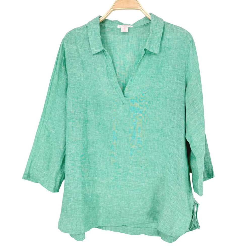 Isaac Mizrahi Linen Tunic Women L Green Excellent 3/4 Sleeve Side Tie V-Neck